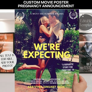 Póster de película de anuncio de embarazo, Revelación única de bebé, Revelación de póster de Esperamos, Plantilla IMPRIMIBLE DIGITAL editable para redes sociales