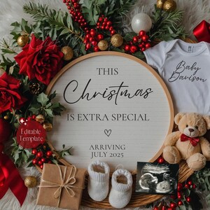 Weihnachtsschwangerschaftsankündigung, magische Dezember Babyankündigung, einfache neutrale Babyenthüllung, bearbeitbare Vorlage, digitales Weihnachtsbaby