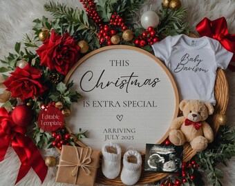 Christmas Pregnancy Announcement, Magical December Baby Announcement, Simple Neutral Baby Reveal, Editable Template, Digital Christmas Baby
