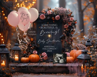 May include: A Halloween-themed pregnancy announcement featuring pink balloons that read "It's a Girl!" and a chalkboard sign with the text "Something Beautiful is Brewing!" and "Arriving Halloween 2024." Pumpkins and floral arrangements complete the scene.