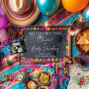 Anuncio de embarazo del Cinco de Mayo, Revelación de mayo de bebé promedio de Nacho, Plantilla editable divertida de Taco Baby, Revelación de redes sociales de Fiesta Mexicana