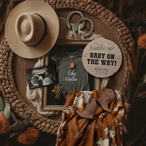 Cowboy Digital Pregnancy Announcement, Cowgirl Baby Announcement, Western Pregnancy Reveal with Ultrasound, Editable Social Media Template