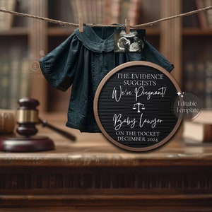 May include: A black and white letter board with a copper frame announcing a pregnancy with the text "The evidence suggests we're pregnant? Baby lawyer on the docket December 2024". A small blue baby outfit hangs above the letter board.