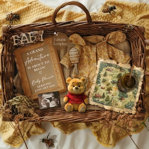 Annuncio di gravidanza Winnie-the-Pooh digitale, rivelazione del bambino dell'orso Hunny neutrale rispetto al genere, annuncio di gravidanza dell'avventura estiva, social media