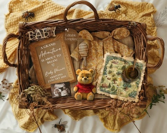 Winnie-the-Pooh Schwangerschaftsankündigung Digital, Gender Neutral Hunny Bear Baby Reveal, Sommer Abenteuer Schwangerschaftsankündigung, Social Media
