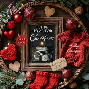 Weihnachten Digitale Schwangerschaftsankündigung, Dezember Babyankündigung, Gender Neutral Baby Reveal, bearbeitbare Vorlage, ich werde zu Hause sein, Weihnachten