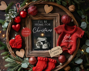 Christmas Pregnancy Announcement, December Baby Reveal, Gender Neutral (Digital Editable Template)