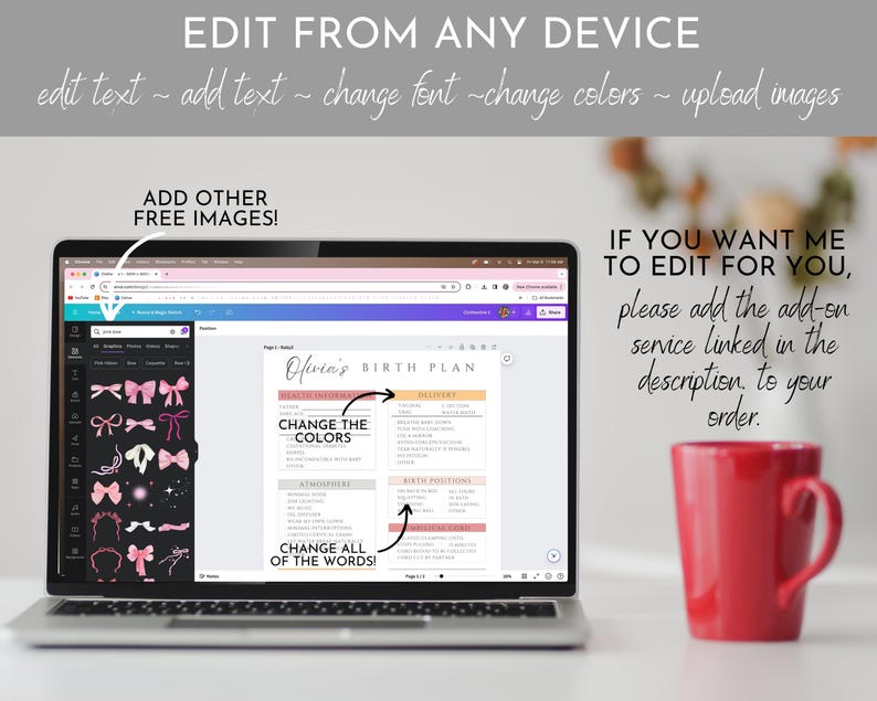 Plantilla de plan de parto, lista de verificación de preferencias de parto editable, plan de parto imprimible para médico, plan de parto para doula, descarga de Canva, Boho imagen 3
