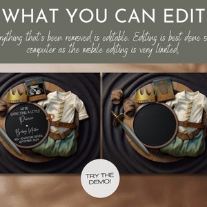 May include: A digital printable baby announcement with a prince theme. The announcement features a round chalkboard with the text "We're expecting a little Prince Baby Miller New adventure begins September 2024". The chalkboard is surrounded by a crown, a sword, a pair of baby shoes, and a baby outfit.