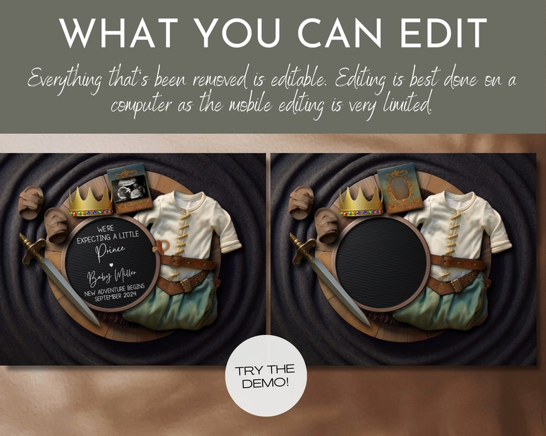 May include: A digital printable baby announcement with a prince theme. The announcement features a round chalkboard with the text "We're expecting a little Prince Baby Miller New adventure begins September 2024". The chalkboard is surrounded by a crown, a sword, a pair of baby shoes, and a baby outfit.
