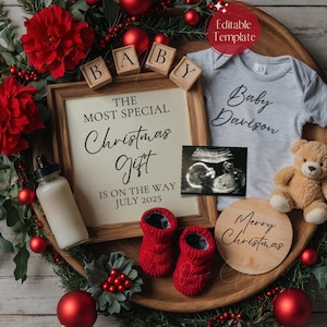 Weihnachten Digitale Schwangerschaftansage, Dezember Babymitteilung, Einfache neutrale Baby Enthüllung, Bearbeitbare Vorlage, Weihnachtswunder Baby