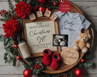 Christmas Digital Pregnancy Announcement, December Baby Announcement, Simple Neutral Baby Reveal, Editable Template, Christmas Miracle Baby