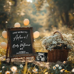 One More to Adore Pregnancy Announcement Template, Second Baby Reveal, Gender Neutral Editable Canva File, Boho Floral Digital Download