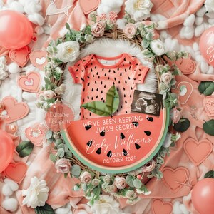 Watermelon Baby Girl Announcement, Boho Watermelon Pregnancy Reveal, Eat Watermelon Seeds, Digital Summer Girl Gender Reveal News, Editable