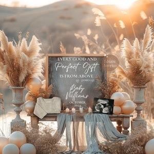 Anúncio de gravidez religiosa Boho, cada escritura de presente bom e perfeito, revelação do bebê, modelo cristão editável, gênero neutro digital