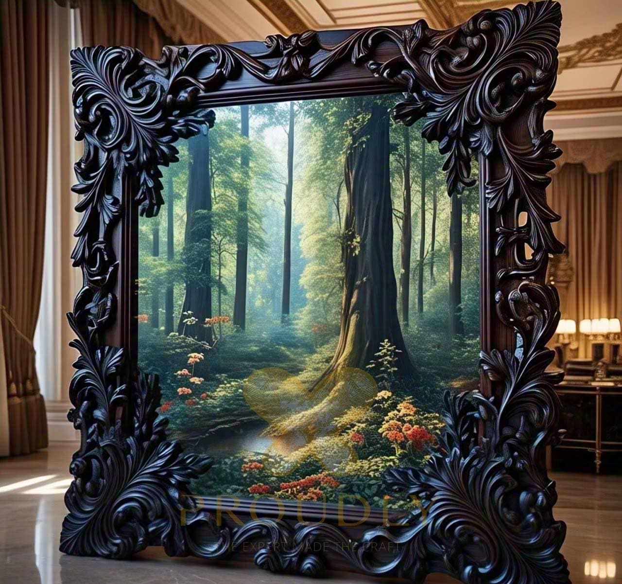 Carved  Wooden Frame Mirror Traditional Carving Modern Wall-mounted
