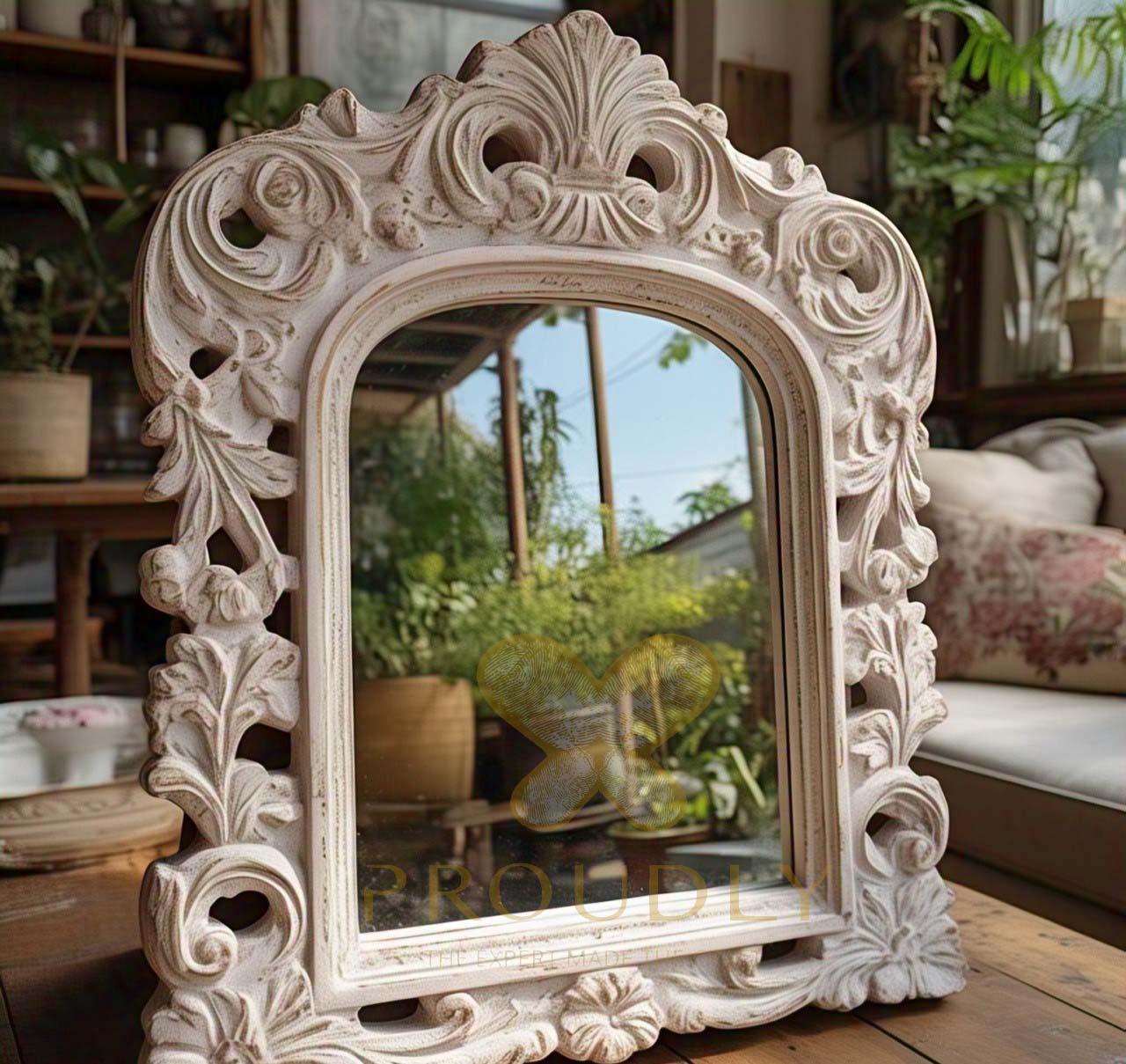 Ornate Floral Carved Mirror Frame | Whitewashed Baroque Style