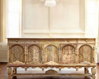 New Carved Menagerie Natural Buffet Carving Chest Drawer Mango Wood Indian Art Cabinet Wood Furniture