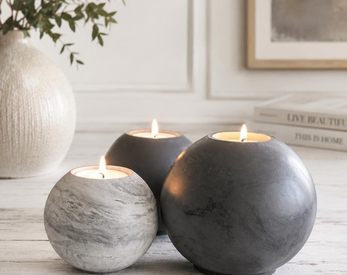 Concrete Sphere Tea Light Holder - Modern Home Decor and Table Centerpiece - Sophisticated Candles - Elegant Handmade HomeGoods - Minimalist