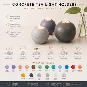 May include: Concrete tea light holders in shades of gray and purple, with lit candles. The holders have a minimalist, rounded design. The available colors are shown below the holders. The text reads "Concrete Tea Light Holders" and "Modern Design. Built to Last."