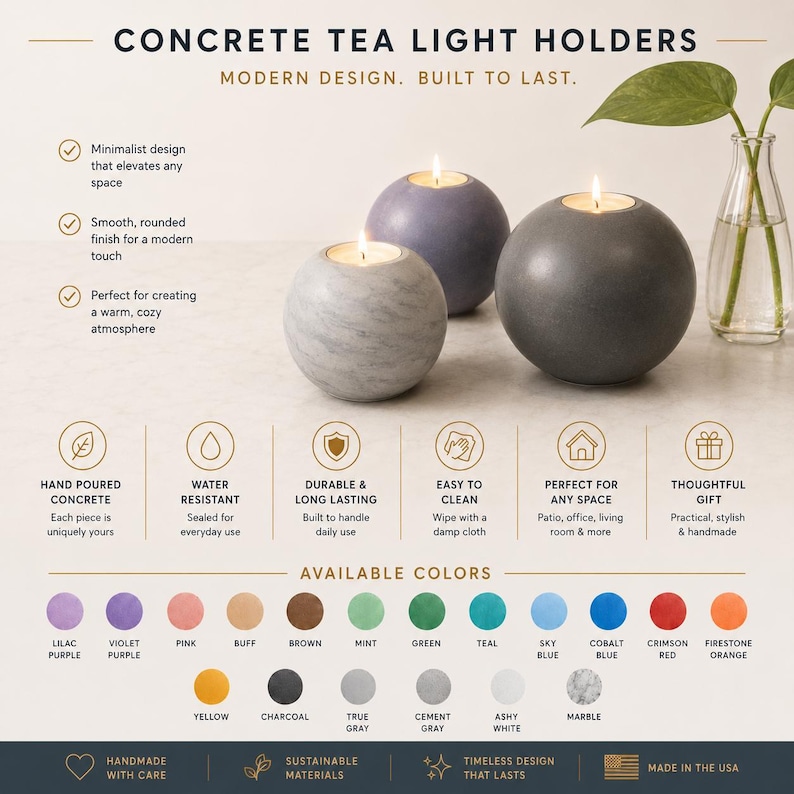 May include: Concrete tea light holders in shades of gray and purple, with lit candles. The holders have a minimalist, rounded design. The available colors are shown below the holders. The text reads "Concrete Tea Light Holders" and "Modern Design. Built to Last."