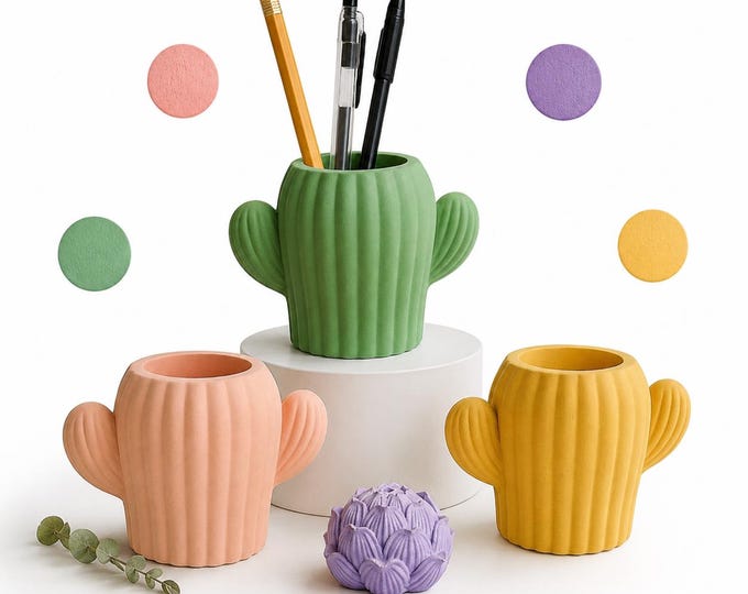 Concrete Cactus Pencil Holder: Modern Desk Organizer and Succulent Planter