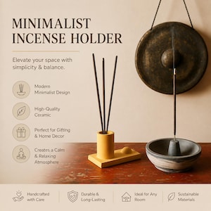 May include: A minimalist incense holder in yellow with a matching tray, holding several incense sticks. A separate gray and white ceramic bowl holds a burning incense stick. The text reads "MINIMALIST INCENSE HOLDER".
