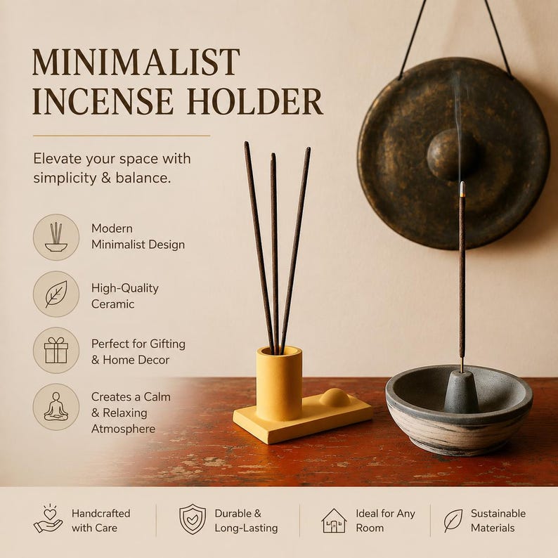 May include: A minimalist incense holder in yellow with a matching tray, holding several incense sticks. A separate gray and white ceramic bowl holds a burning incense stick. The text reads "MINIMALIST INCENSE HOLDER".