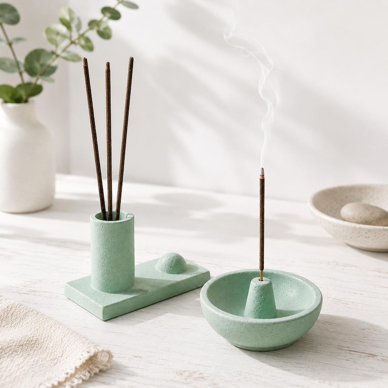 May include: A set of light green incense holders with three brown incense sticks in one holder and a lit incense stick in another. The holders are made of a textured material and are arranged on a white surface. A small white vase with greenery is in the background.