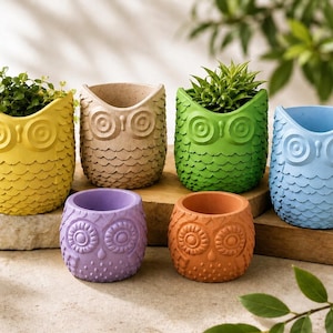 May include: A collection of owl-shaped planters in various colors, including yellow, tan, green, blue, purple, and orange. Each planter has a textured surface and holds small plants, creating a decorative and whimsical display.