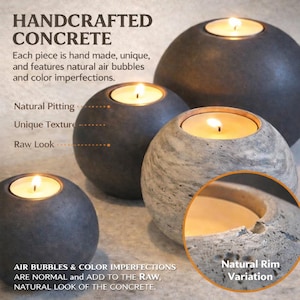 May include: Handcrafted concrete candle holders in various shades of gray. Each spherical holder contains a lit candle, with text highlighting natural imperfections. The image showcases the unique texture and raw look of the concrete.