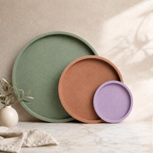 May include: Three round decorative trays in varying sizes and colors. The largest tray is a muted green, the medium one is a warm terracotta, and the smallest is a soft lavender. The trays are arranged in a nested configuration, suggesting a set for home decor or serving.