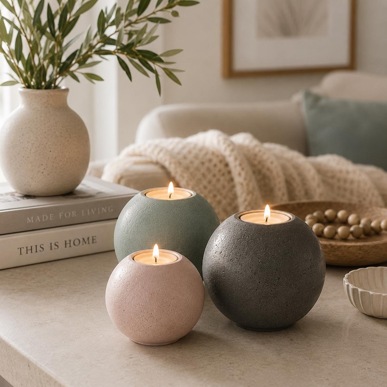 May include: Three spherical candle holders in shades of pink, green, and gray, each with a lit candle inside. A vase with greenery and books with the text "MADE FOR LIVING" and "THIS IS HOME" are in the background. A decorative bowl and beads are also visible.