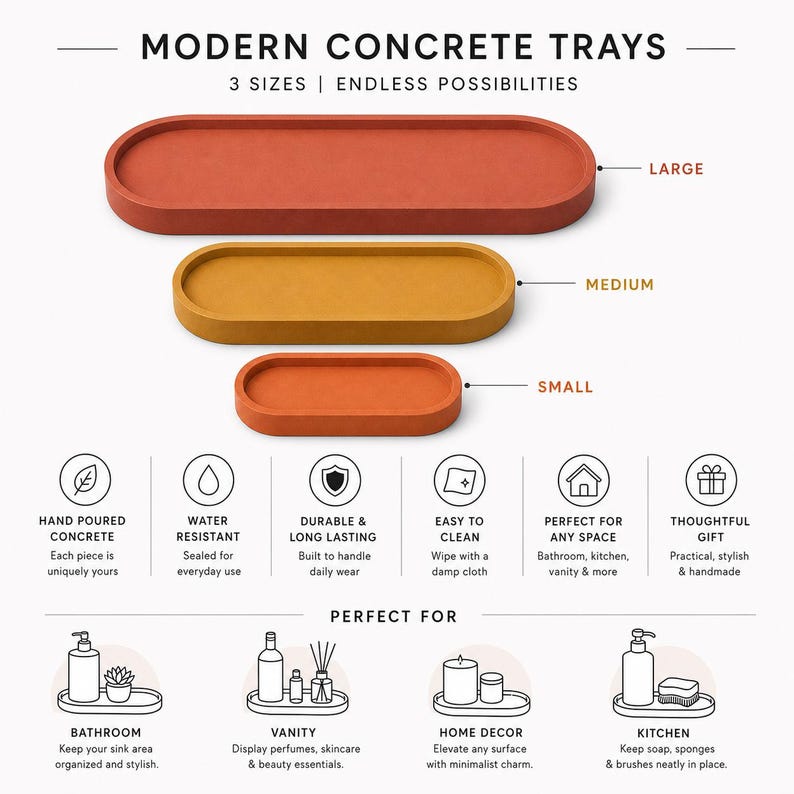 May include: Three oval concrete trays in large, medium, and small sizes. The large tray is dark red, the medium is mustard yellow, and the small is orange. Text includes MODERN CONCRETE TRAYS, 3 SIZES, and labels for bathroom, vanity, and kitchen use.