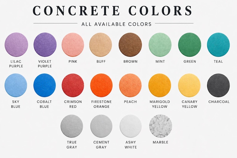 May include: Image showcasing a color chart titled "CONCRETE COLORS." The chart displays 20 circular color swatches, each labeled with a color name. Colors range from Lilac Purple to Charcoal, including shades of blue, red, orange, yellow, and gray.
