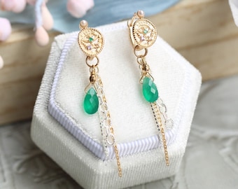 Gold Coin Green Teardrop Crystal Dangle Earrings, Long Layered Tassel Gem Earrings, Bridesmaid Jewelry, Rare Find, Gift for her
