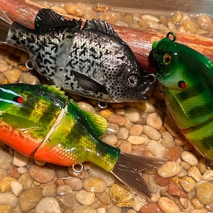 May include: Three realistic-looking fishing lures, each depicting a different type of fish. The lures are painted in shades of green, black, and orange with realistic details. The lures are designed to resemble a crappie, a bass, and a bluegill.