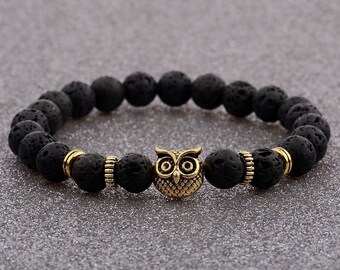 Men Natural Red Lava Stone Gold Owl Beaded Cuff Charm Bangle Bracelets 7.5'' 