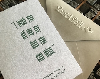 Letterpress ‘Joy’ Shakespeare quote cards, 5 pack