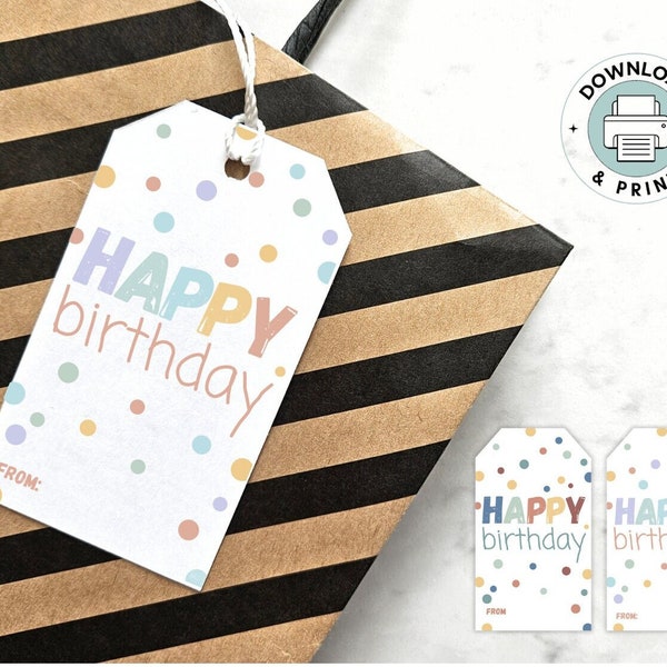 Printable Gift Tag- Dots Happy Birthday. Buy Once, Use Forever. Polkadot 3 Pastel Color Theme Minimalist Tag, Print at Home DIY Gift Favors