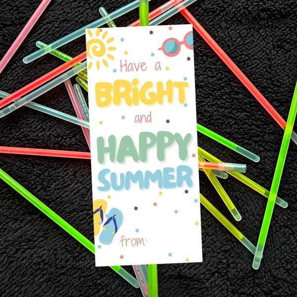 Printable Glow Stick Tag Summer Vacation Favor, Ready to Print. Classroom Preschool Kindergarten, Daycare, Digital File Printable for DIY.