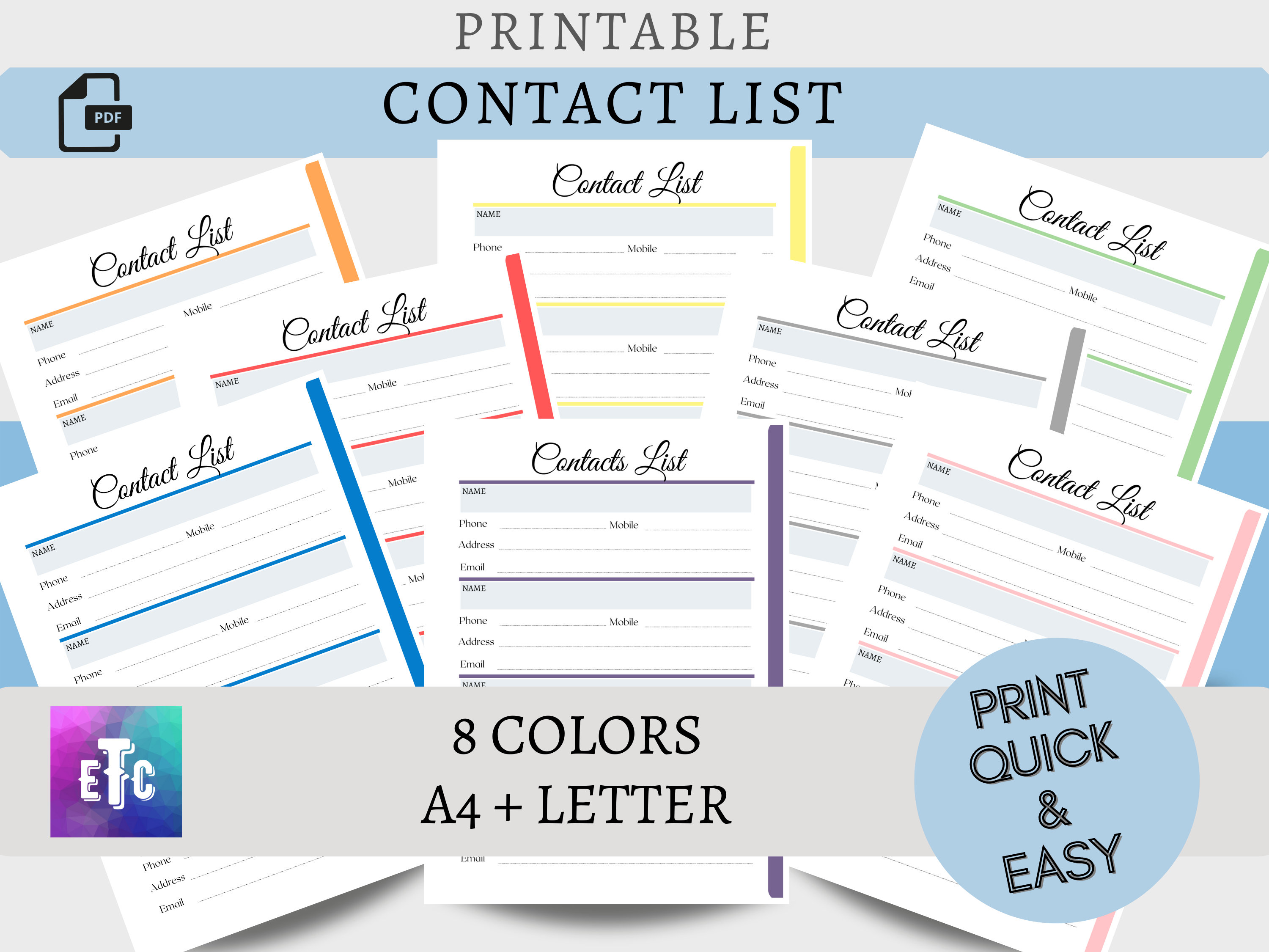 PRINTABLE Contact List, Planner Pages, Planner Templates, Organizer ...
