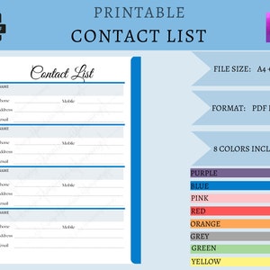 PRINTABLE Contact List, Planner Pages, Planner Templates, Organizer ...
