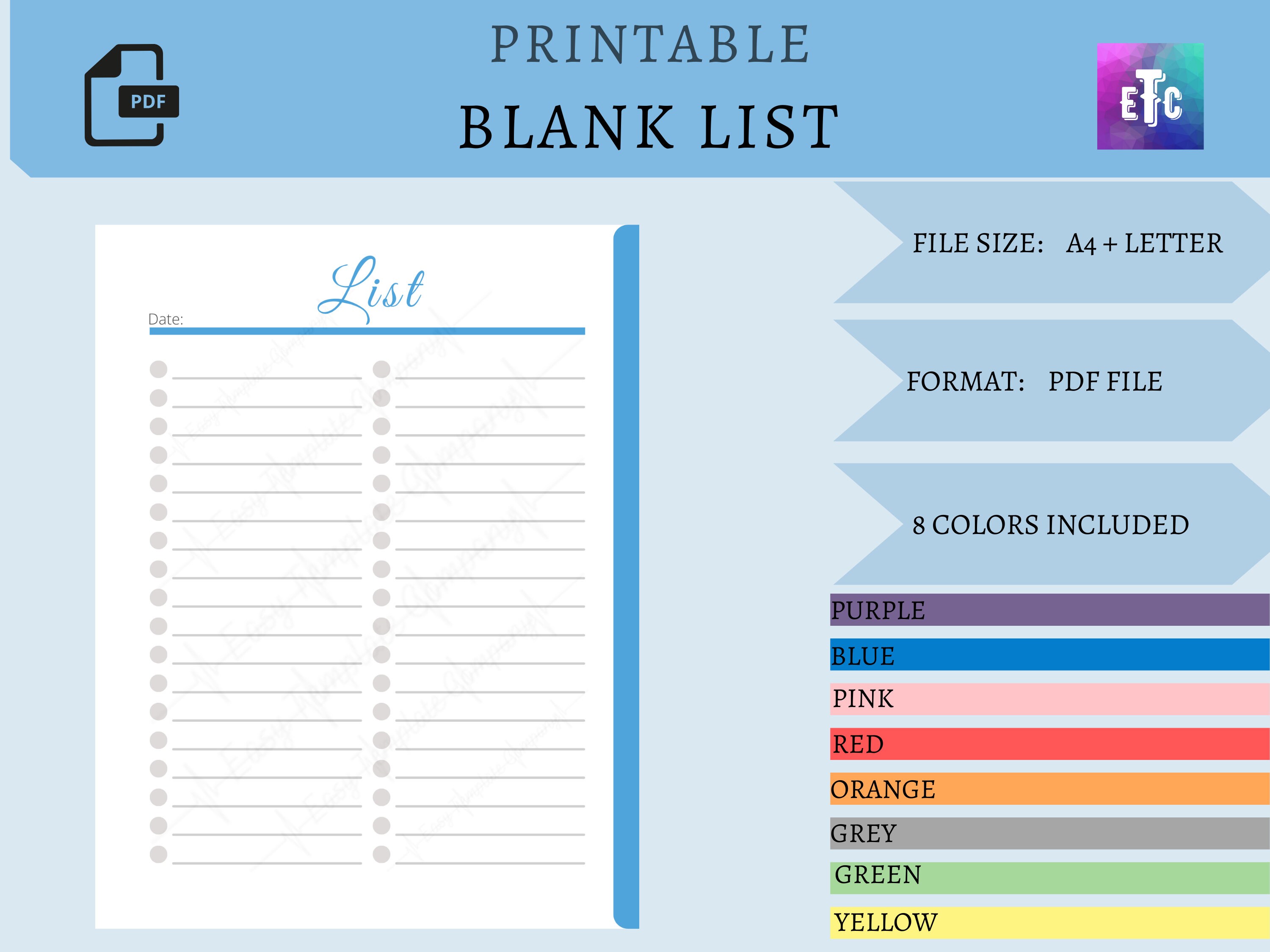 Plain List Example PRINTABLE Blank List Page, Simple List, Planning, Print at Home, A4 ...