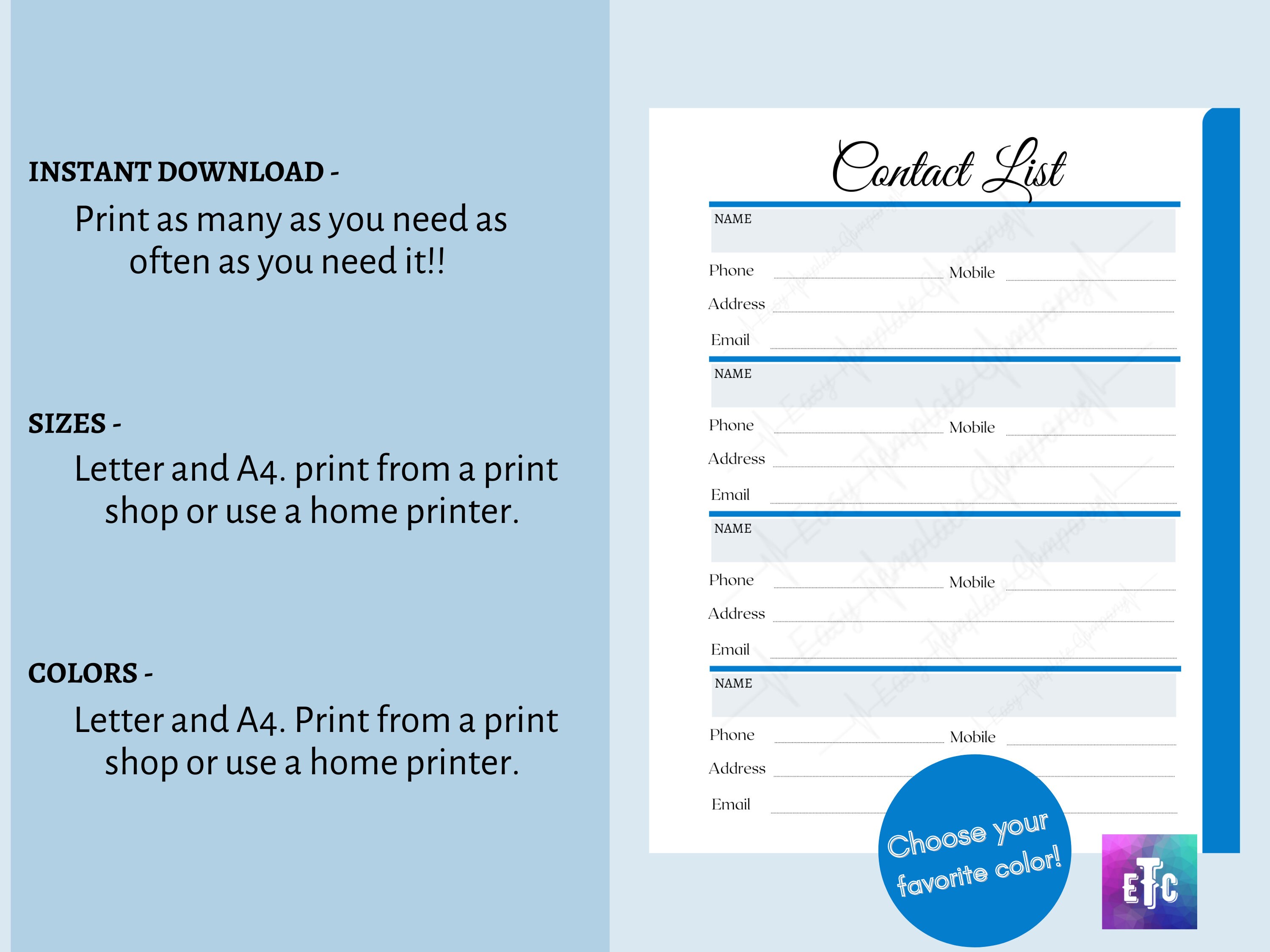PRINTABLE Contact List, Planner Pages, Planner Templates, Organizer ...