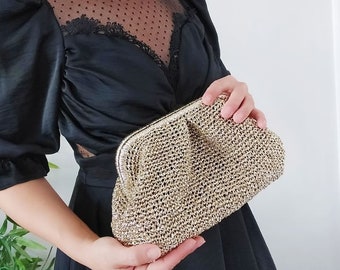 Crocheted Metallic Raffia Clutch Bag-Evening Dress Knitted Pouch Bag-Handmade Crocheted Metallic Bag-Luxury Clutch Raffia Bag-Gift Bag