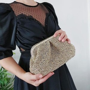 Bolsa de crochê metálica de ráfia - Bolsa de malha para vestido de noite - Bolsa metálica de crochê feita à mão - Bolsa de ráfia de luxo - Bolsa de presente