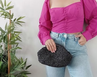 Pochette borsa nera, fibbia nascosta incorniciata, borsa da sera lavorata a maglia scintillante, pochette all'uncinetto, borsa di paglia minimalista, borsa da città notturna regalo unica