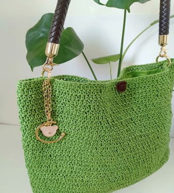 Green Tote Bag, Crochet Bag, Trend Shoulder Bag, Handmade Natural