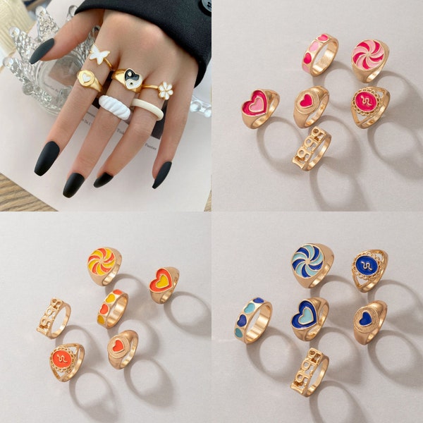 6 Piece Ring Set, Cute y2k Ring Set, Trendy Y2K Jewelry, Statement Ring, Knuckle Ring Set, Stackable Rings Set, White Ring Set